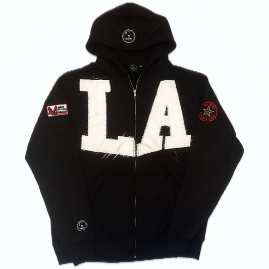 LA Distressed Zip-Up Hoodie Black