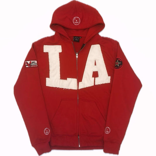 LA Distressed Zip-Up Hoodie Bold Red